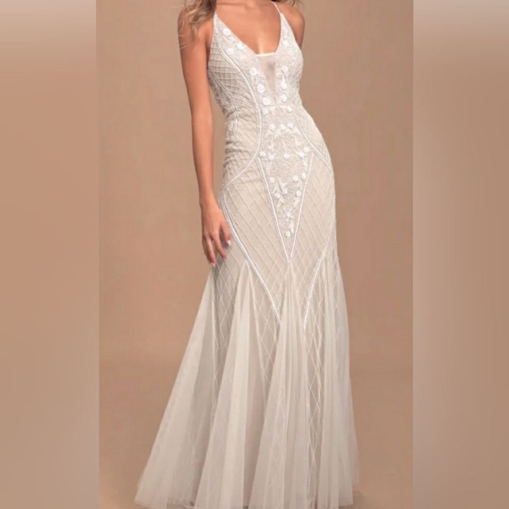 Vow’d New Ivory Nude Sequin Beaded Maxi Gown Dress Size 6